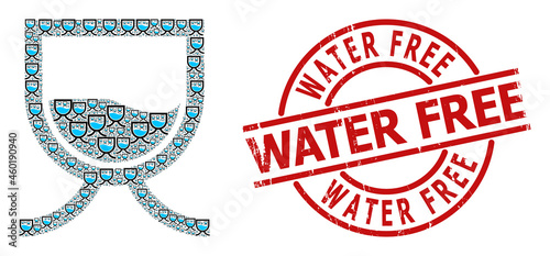 Red round stamp contains Water Free tag inside circle. Vector water tank mosaic is composed of repeating fractal water tank items. Rubber Water Free stamp seal, and water tank icon recursive mosaic.