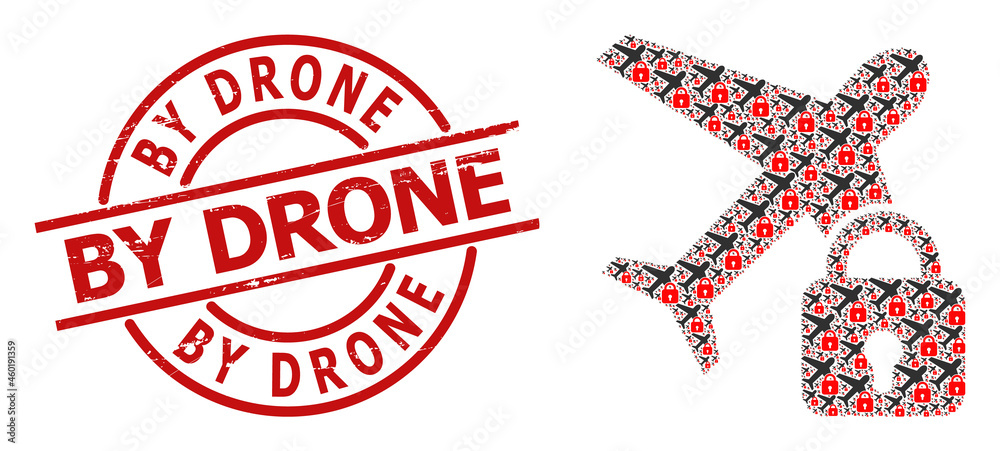 Red round stamp seal has By Drone caption inside circle. Vector locked airplane mosaic is organized of random fractal locked airplane icons. Textured By Drone stamp seal, Red round stamp seal has By Drone caption inside circle. Vector locked airplane mosaic is organized of random fractal locked airplane icons. Textured By Drone stamp seal,