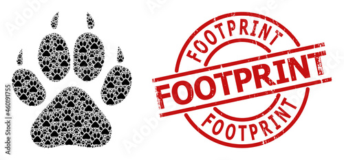 Red round stamp includes Footprint caption inside circle. Vector tiger footprint composition is done from randomized recursive tiger footprint pictograms. Textured Footprint badge,