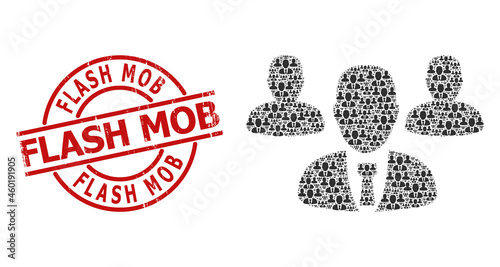 Red round stamp seal has Flash Mob text inside circle. Vector team staff fractal is made from repeating itself team staff elements. Distress Flash Mob stamp seal,