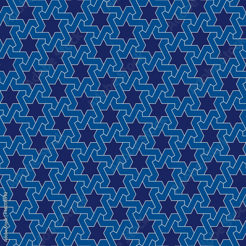 Oriental ancient mosaic pattern. Ethnic ornament. Repeated geometric figures, stars motif. Seamless surface design. Ornamental wallpaper. Geo abstract background. Digital paper, textile print.
