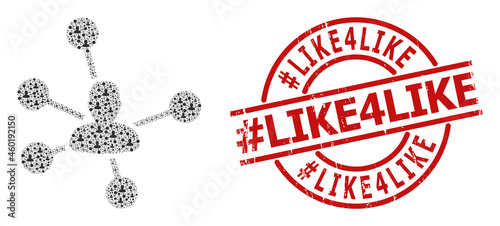 Red round stamp seal includes #Like4Like text inside circle. Vector social links fractal is made from randomized fractal social links parts. Textured #Like4Like watermark,