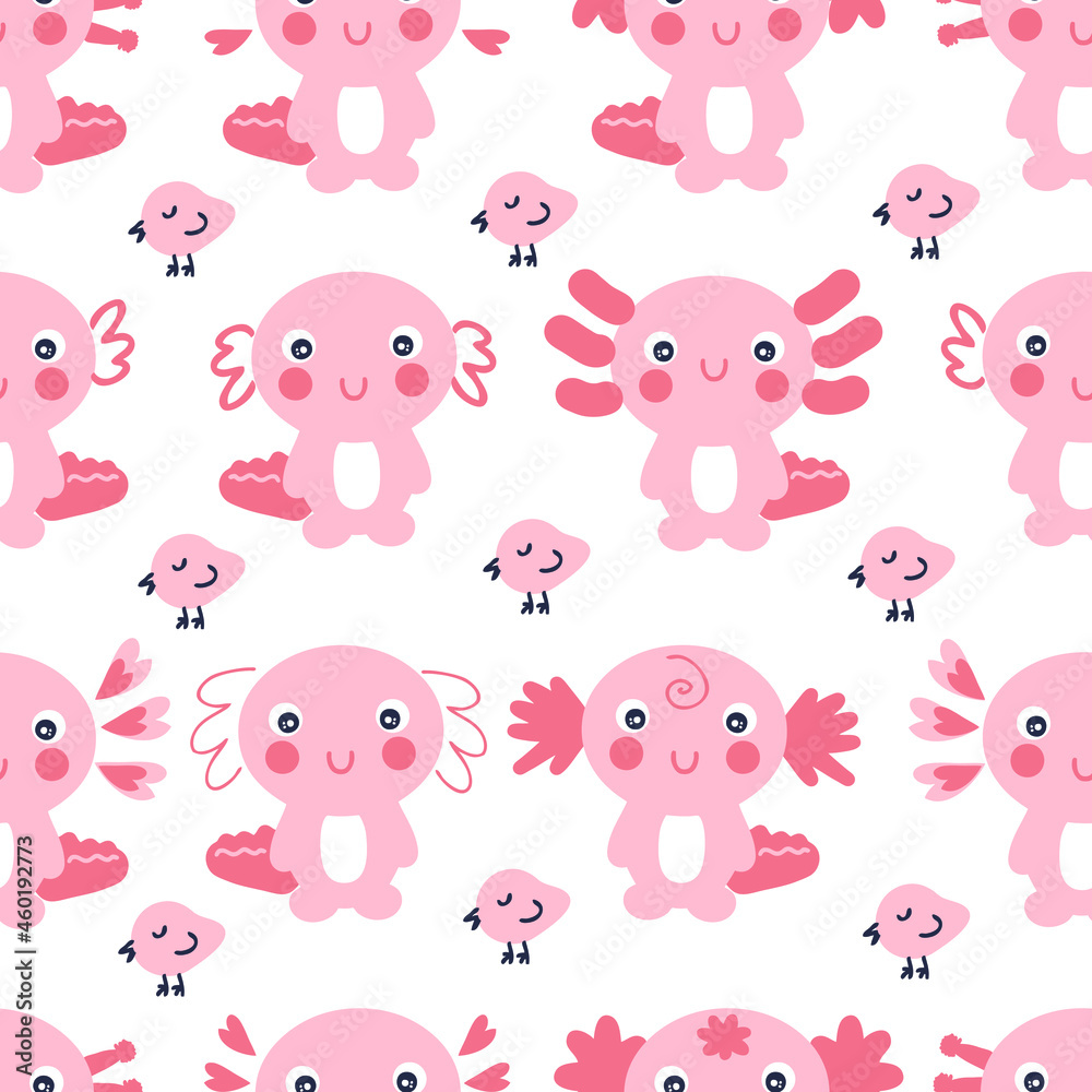 Hand drawn seamless pattern with axolotls and small birds. Perfect for T-shirt, textile and prints. Cartoon style vector illustration for decor and design.
