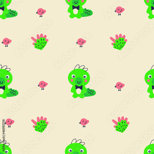 Doodle style seamless pattern with crocodiles and small birds. Perfect for scrapbooking, poster, textile and prints. Hand drawn vector illustration for decor and design.
