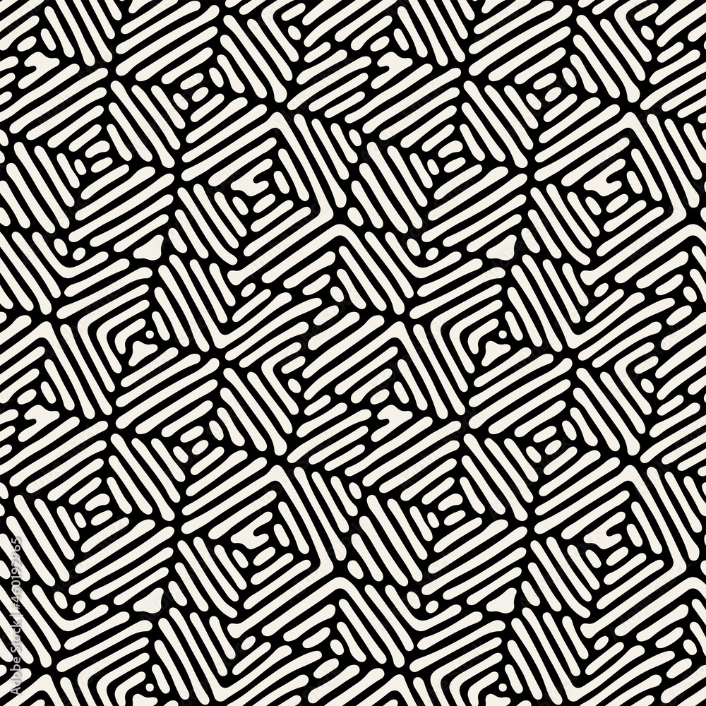 Geometric hand drawn seamless pattern. Stylish creative monochrome grid. Smooth rough squares. Vector repeating texture. Can be used as swatch for illustrator.