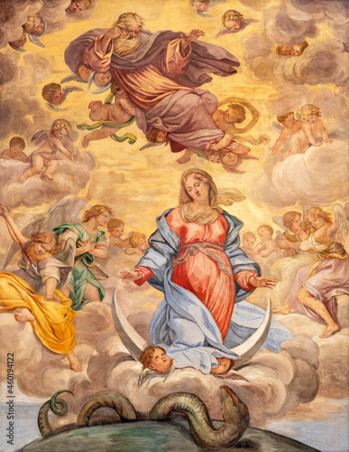 ROME, ITALY - SEPTEMBER 1, 2021: The fresco of Immaculate Conception in church Basilica di Santa Maria in Aracoeli by Umile da Foligno (1686 - 1691).