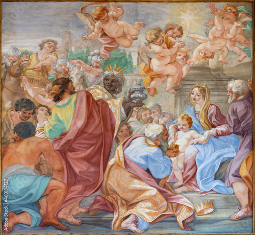 ROME, ITALY - SEPTEMBER 1, 2021: The fresco of Adoration of Magi in church Basilica di Santa Maria in Aracoeli by Giovanni Odazzi (1686 - 1691).