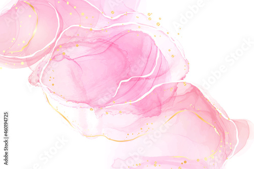 Pastel rose pink liquid watercolor background with golden cracks. Blush marble alcohol ink drawing effect. Vector illustration design template for wedding invitation, menu, rsvp