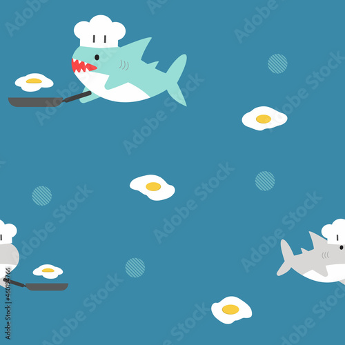 cute shark is using pan to make fried egg fabric seamless cute pattern