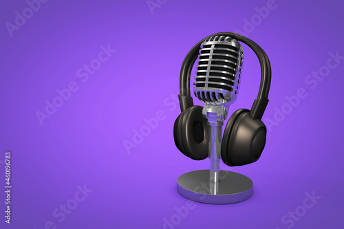 Professional microphone with color background, podcast or recording studio background, 3d illustration