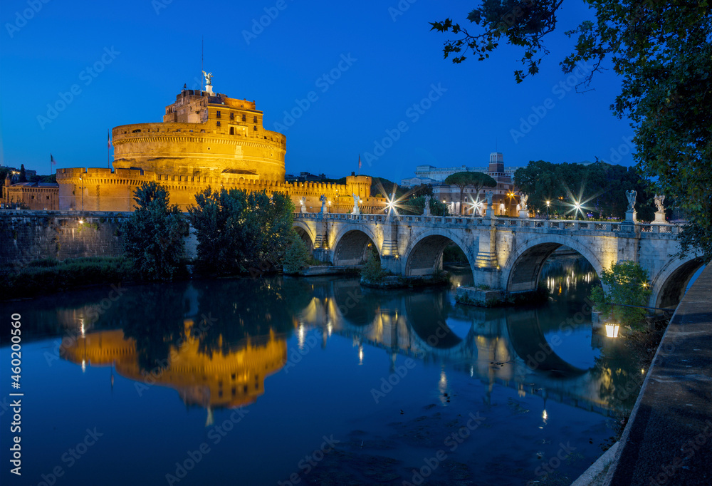 Rome - The Angels castle and bridge at dusk.