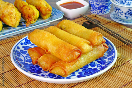 Spring rolls.Deep fried crispy spring rolls, popular Chinese appetizer, vegetarian food photo