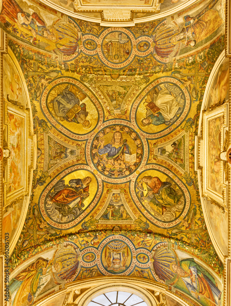 ROME, ITALY - SEPTEMBER 2, 2021: The ceiling mosaic with the Jesus the Teacher and Four Evangelists in St. Helen chapel from the church Santa Croce in Gerusalemme by Baldassarre Peruzzi  (1481 - 1536)