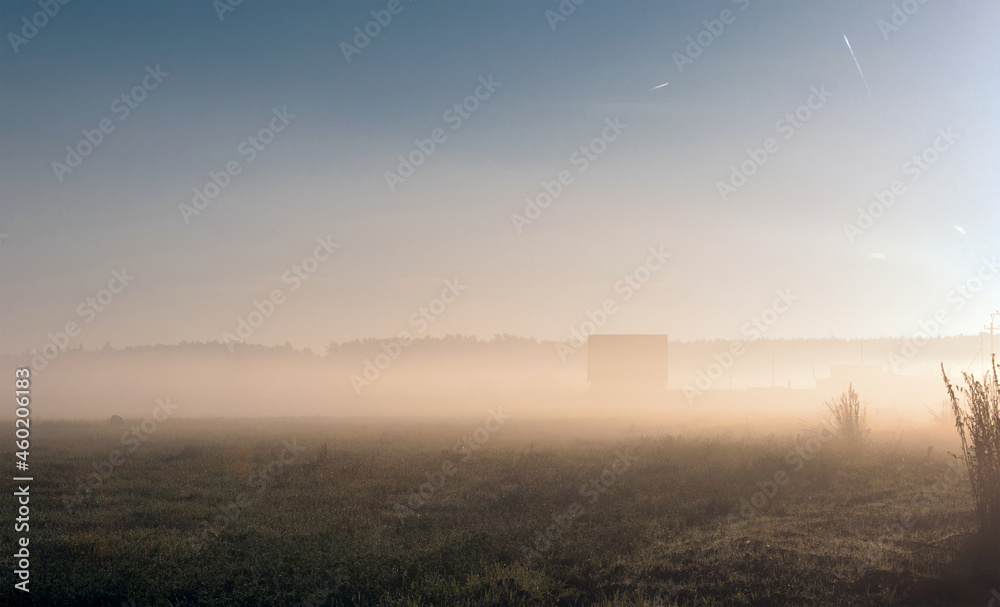 A thick autumn fog covered the whole field and the house A thick autumn fog covered the whole field and the house