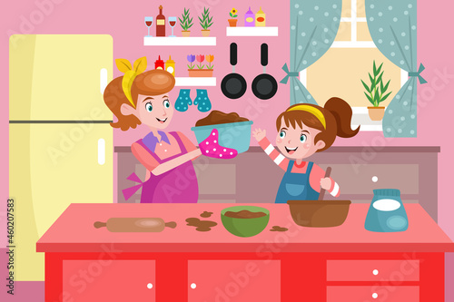 Mommy and Daughter Cooking Together - Kids Illustration