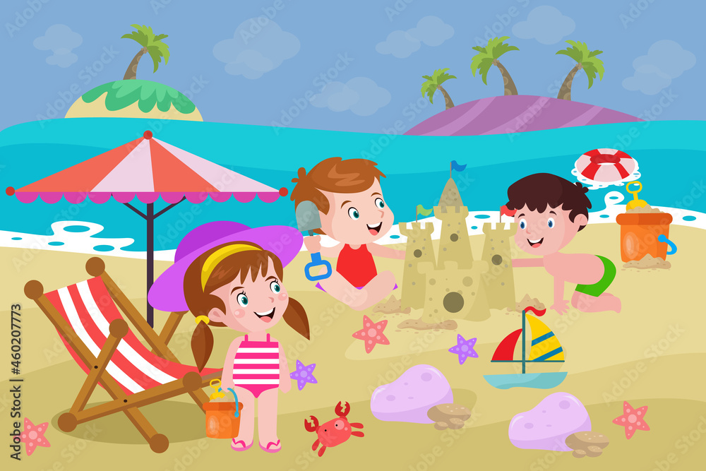 Children Playing Sand on The Beach - Kids Illustration Children Playing Sand on The Beach - Kids Illustration