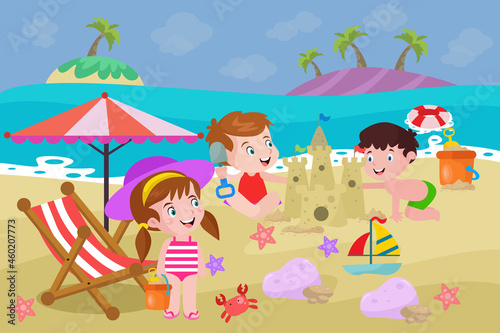 Children Playing Sand on The Beach - Kids Illustration