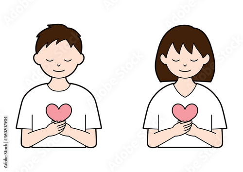 Illustration set of a person with a heart, mental health (white background, vector, cut out)