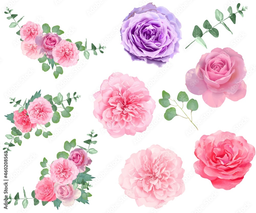 優しい色使いのピンク系のバラの花とリーフと花束のベクターイラスト素材 優しい色使いのピンク系のバラの花とリーフと花束のベクターイラスト素材