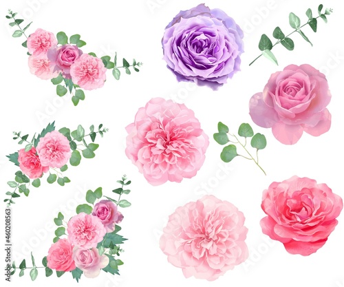 優しい色使いのピンク系のバラの花とリーフと花束のベクターイラスト素材