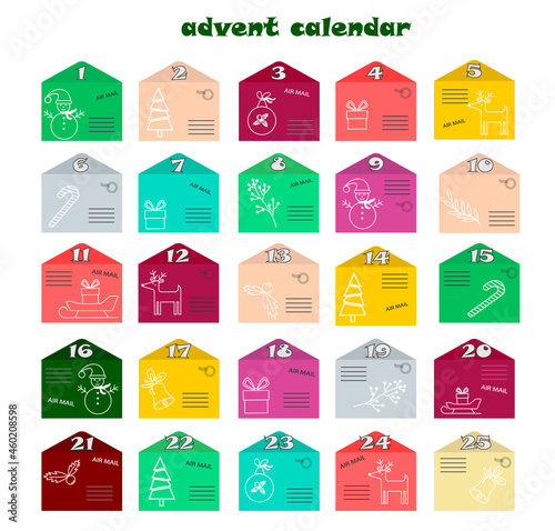 Advent calendar for Christmas. Postal envelopes with the attributes of the holiday - a snowman, sledges and gifts, a deer. Vector illustration. For use in children parties, shops, gifts.