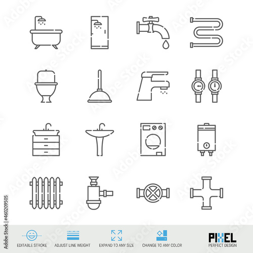 Plumbing, sanitary engineering related vector line icon set isolated on white