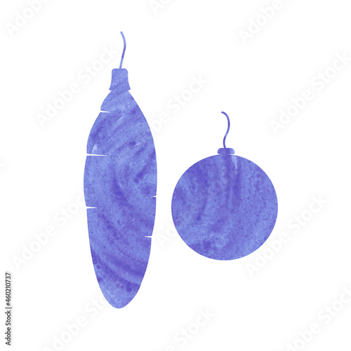 Watercolor illustration in the form of blue-violet Christmas tree decorations. One elongated toy is like an icicle, the other is a round ball. Suitable for New Year typography, as an icon, for decorat
