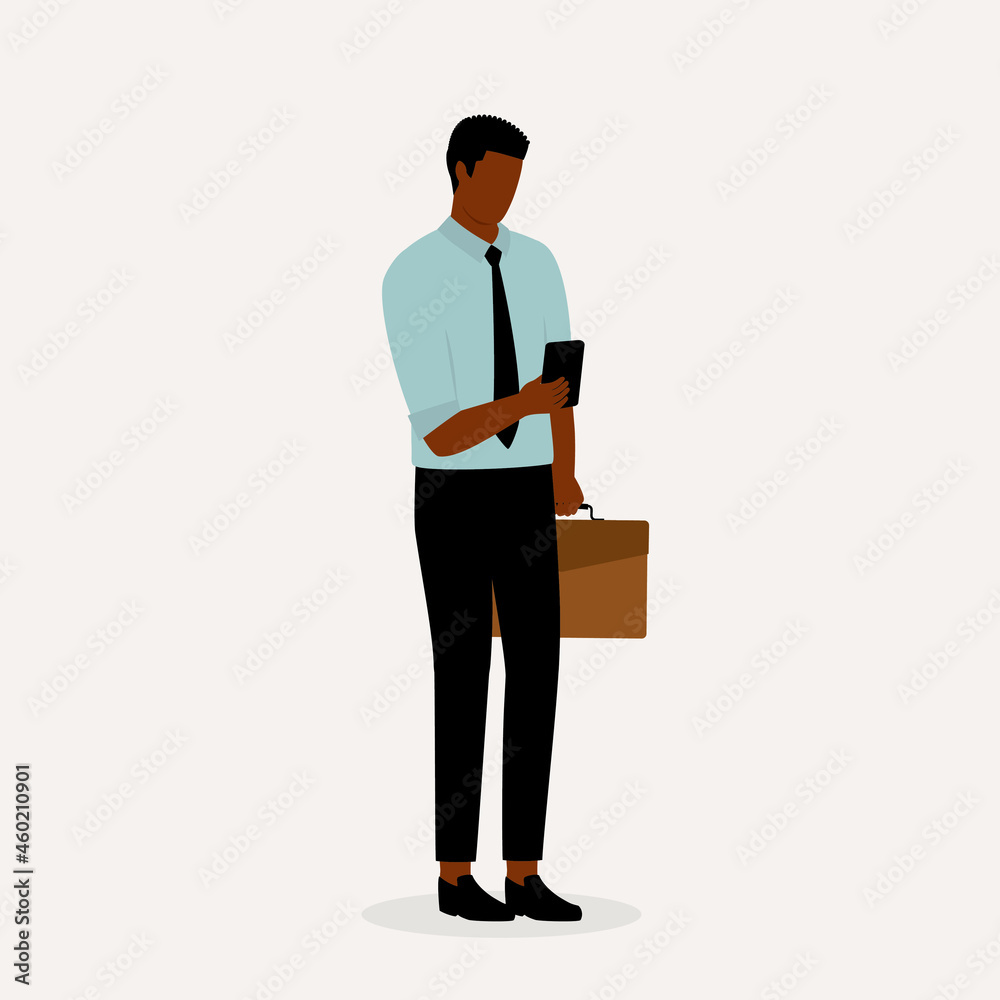Black Man Employee With Briefcase Using Mobile Phone. Black Man Employee With Briefcase Using Mobile Phone.