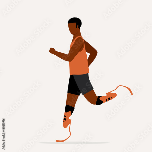 Side View Of A Young Black Man With Prosthetic Leg Running. Athlete With Disabilities.