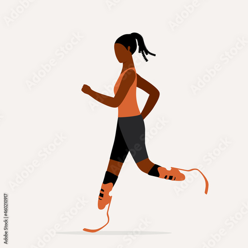 Side View Of A Young Black Woman With Prosthetic Leg Running. Athlete With Disabilities.