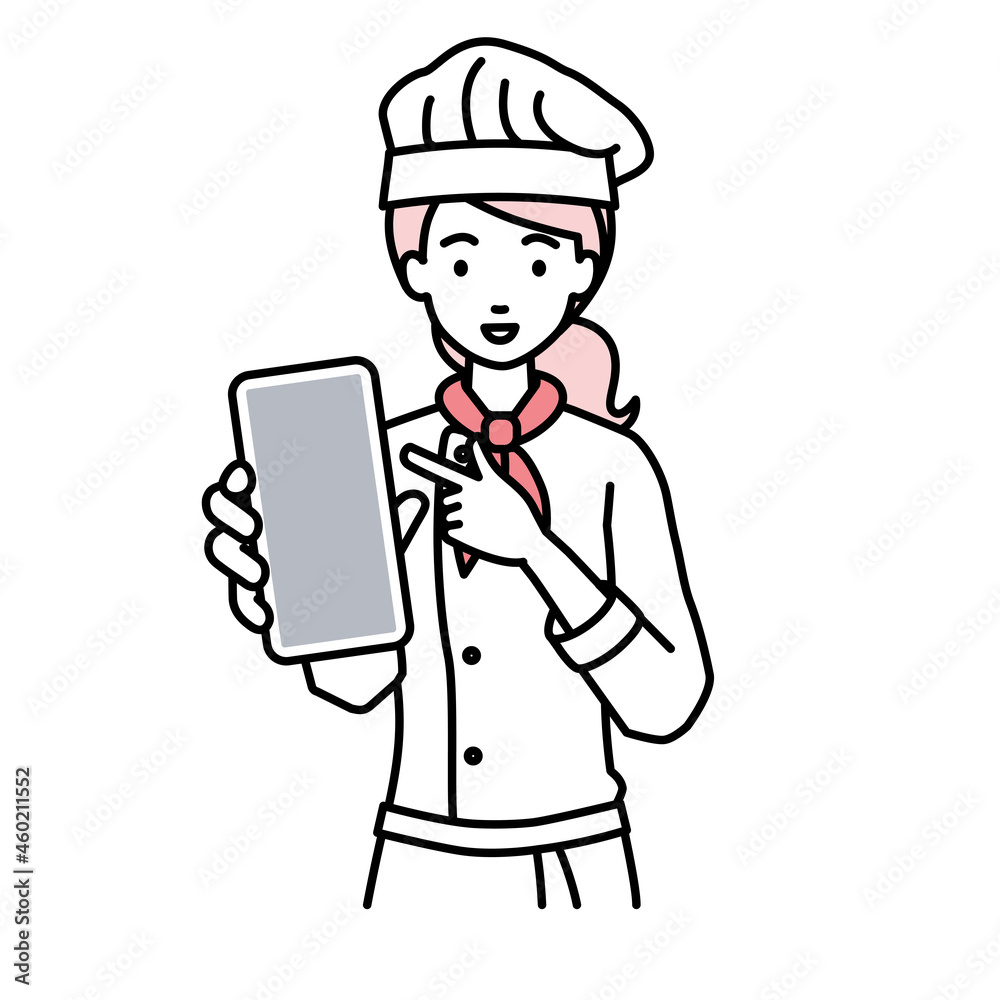 workers-phone1-woman1-front--reda立ってスマートフォンを指差してこちらに向けて見せている調理師の女性 workers-phone1-woman1-front--reda立ってスマートフォンを指差してこちらに向けて見せている調理師の女性