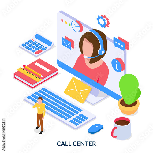 Call center concept. Round-the-clock  customer support. Isometric vector illustration on white background