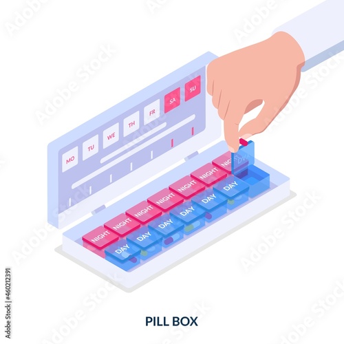 Pill box concept. Smart container for pills storage and human hand holding capsule with medicine. Isometric vector illustration on white background.
