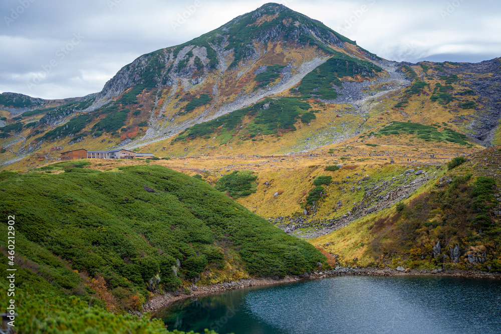 Fototapeta premium 富山県立山町の立山にあるみくりが池周辺の秋の紅葉の季節の風景 Scenery of autumn leaves around Mikurigaike Pond in Tateyama, Tateyama Town, Toyama Prefecture, Japan. 