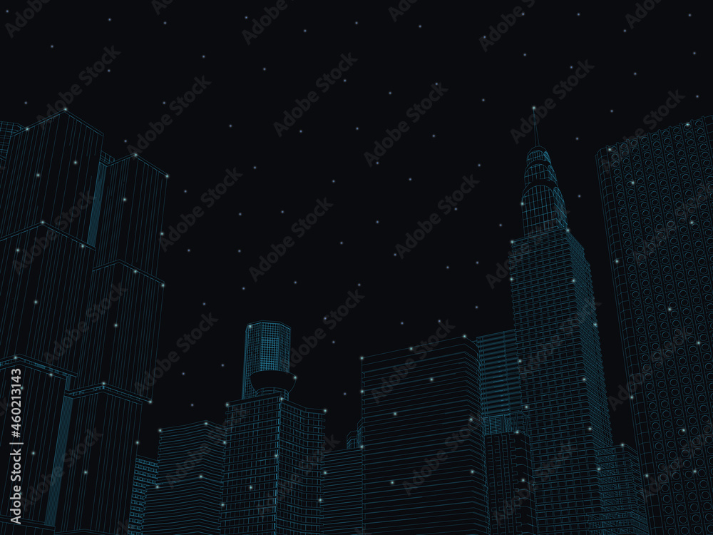 Wireframe of a city with skyscrapers made of blue lines with glowing lights on a dark background. Vector illustration
