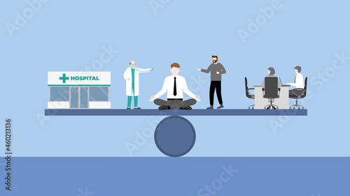 Angel and demon whisper concept. ฺA businessman sits and thinks at the center of a seesaw between a doctor with a hospital and office meeting. A choice of health care and work hard. Work-life balance.