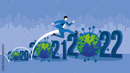 Businessman jumping overcome obstacles. Manager jump over the year 2020, 2021, 2022 number and virus, COVID-19 coronavirus global problem. Business concept of economic crisis, bigger problem solving.