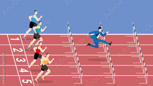 Hurry lifestyle concept. The fastest runner is jumping overcome obstacle by running faster and better start on race track. The leader is a businessman other rival competitors are athlete sport person.