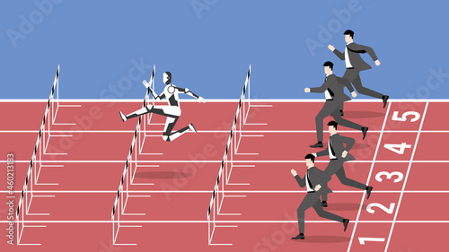 Disruption business competition with technology concept. The faster robot leader jumping overcome obstacles by running faster, better start and automation system. Loser is slower out of date people.