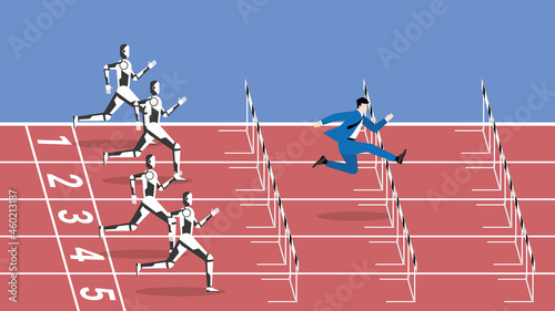 Successful business competition with technology concept. The fastest businessman leader jumping overcomes obstacles by running faster and better start. Competitors are robots, cyborgs and automation.