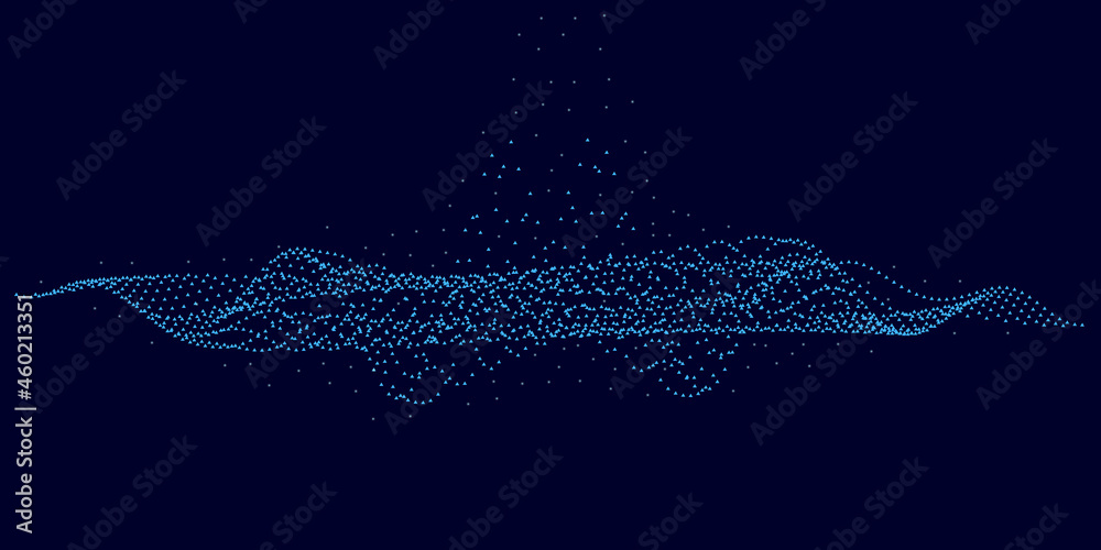 Water splash of blue particles with glowing lights on a dark background. Vector illustration