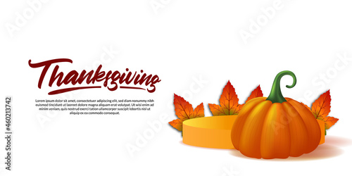 Thanksgiving 3d realistic pumpkin vegetable and maple leaves on the podium stage product display fall autumn greeting card poster banner template