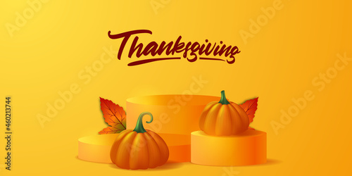 Thanksgiving 3d realistic pumpkin vegetable and maple leaves on the podium stage product display fall autumn greeting card poster banner template