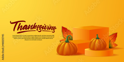Thanksgiving 3d realistic pumpkin vegetable and maple leaves on the podium stage product display fall autumn greeting card poster banner template
