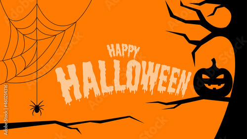 happy halloween lettering with cobweb and pumpkin