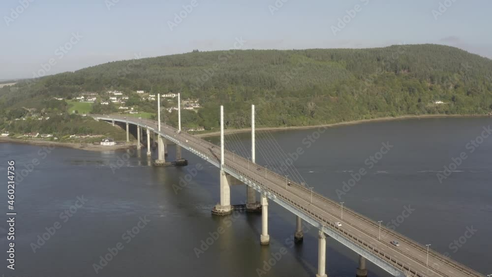 Aerial view of Kessock Bridge on a sunny day, Inverness, Scotland. Circling right to left around the bridge from the Inverness side. Aerial view of Kessock Bridge on a sunny day, Inverness, Scotland. Circling right to left around the bridge from the Inverness side.