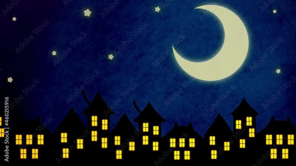 絵本のような夜の街並みスクロールアニメーション