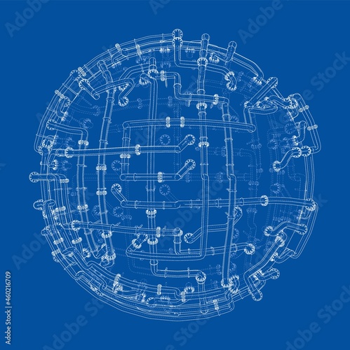 Pipes with flanges around a large sphere. Vector