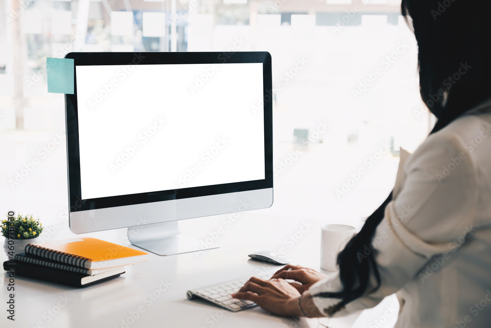 Mockup computer desktop with blank screen. Group of business people meeting and brainstorming by video conference. Mockup computer desktop with blank screen. Group of business people meeting and brainstorming by video conference.