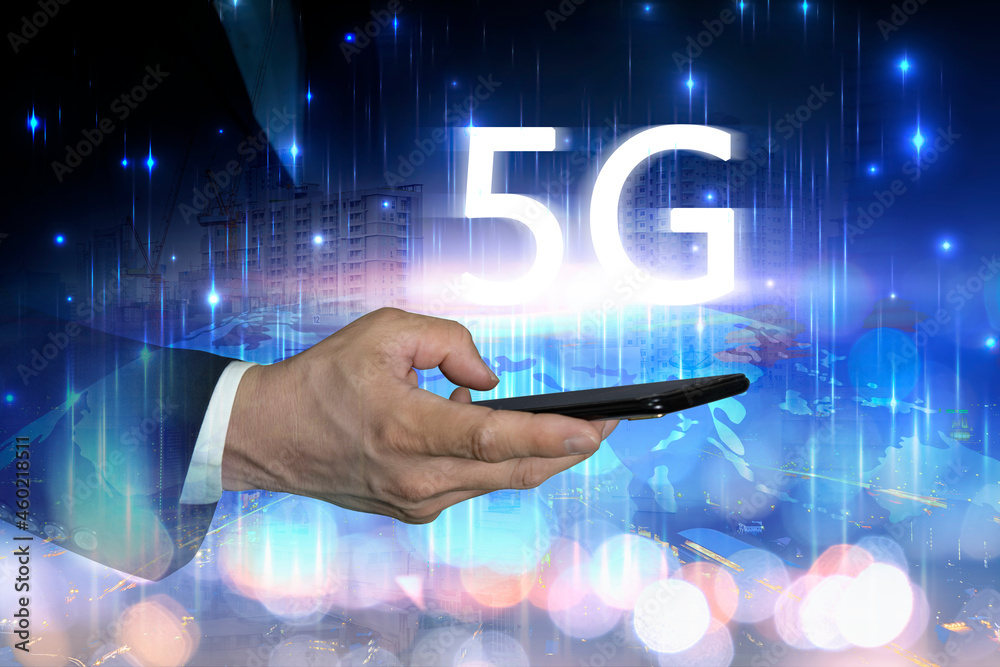 Fototapeta premium 5 G wireless high speed Internet access. Businessman enters the high-speed world.
